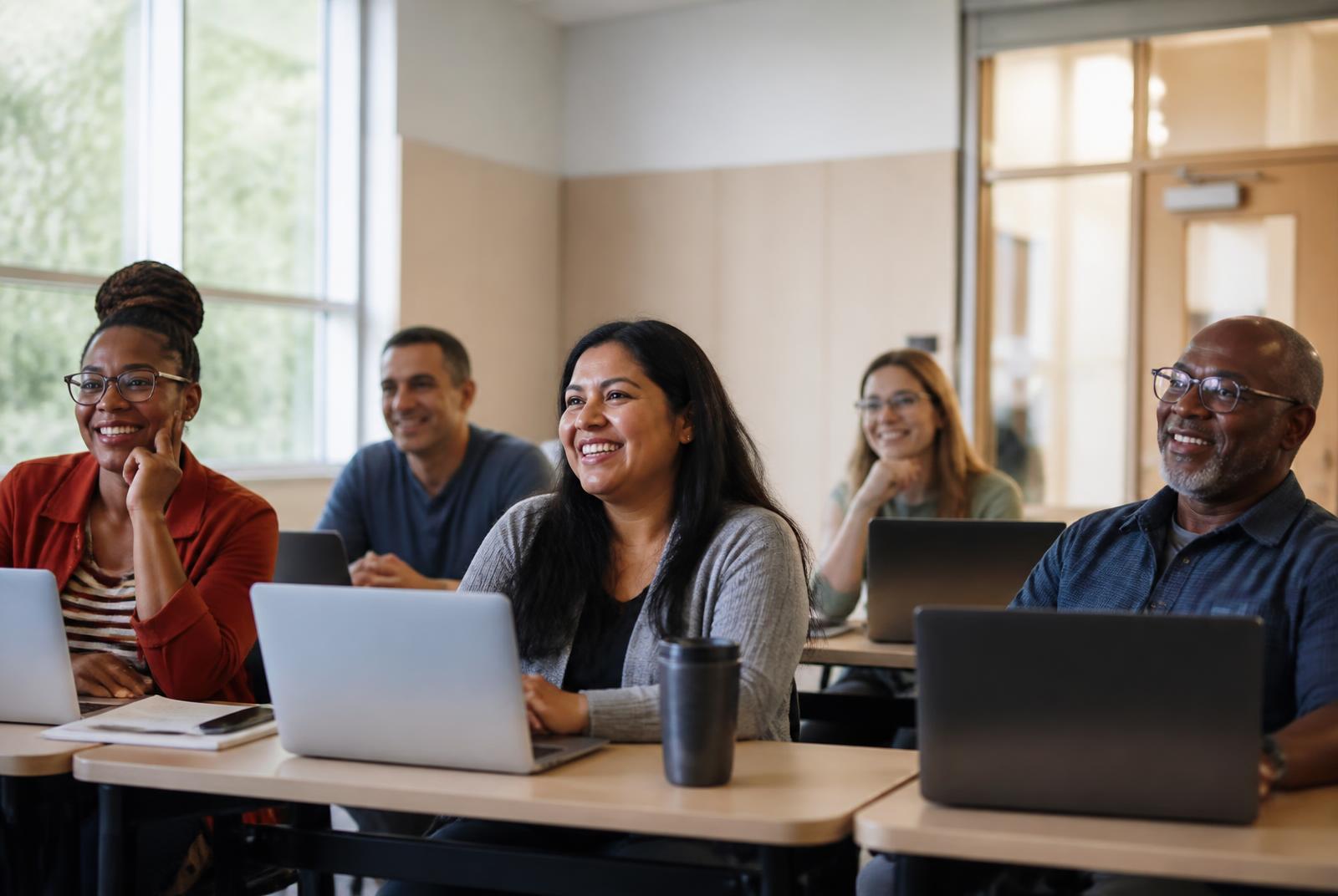 Adult learners with laptops in a bright community college classroom