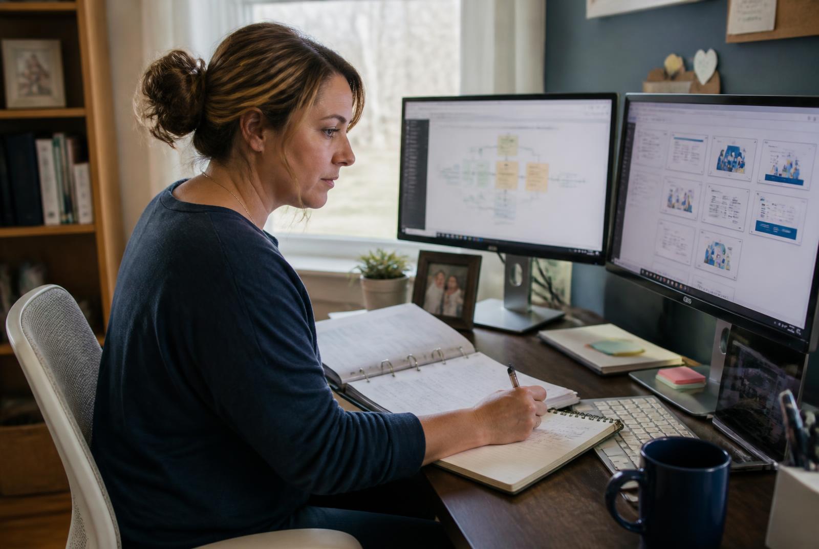 A former teacher building an instructional design storyboard at a home desk