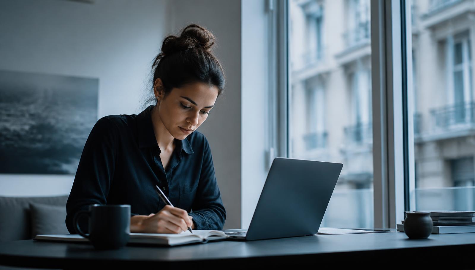 A professional working remotely at a desk beside a large window